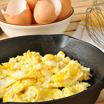 A pan of scrambled eggs