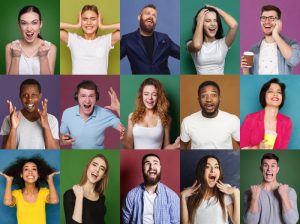 collage of excited people smiling