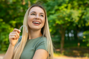 a person holding their clear aligner and smiling